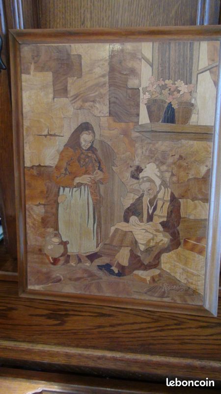 Grand Panneau Marqueterie Ancien Rosenau - Femme Village Corse - Tableau Cadre