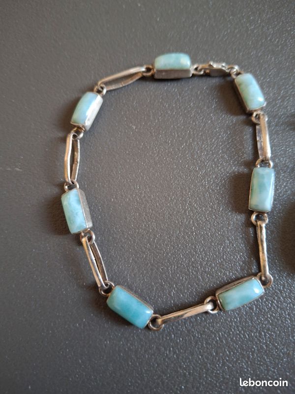 Ensemble De Bijoux En Argent 925 Fait Main Avec Pierre Larimar - Collier, Bracelet, Boucles D'oreilles Et Bague