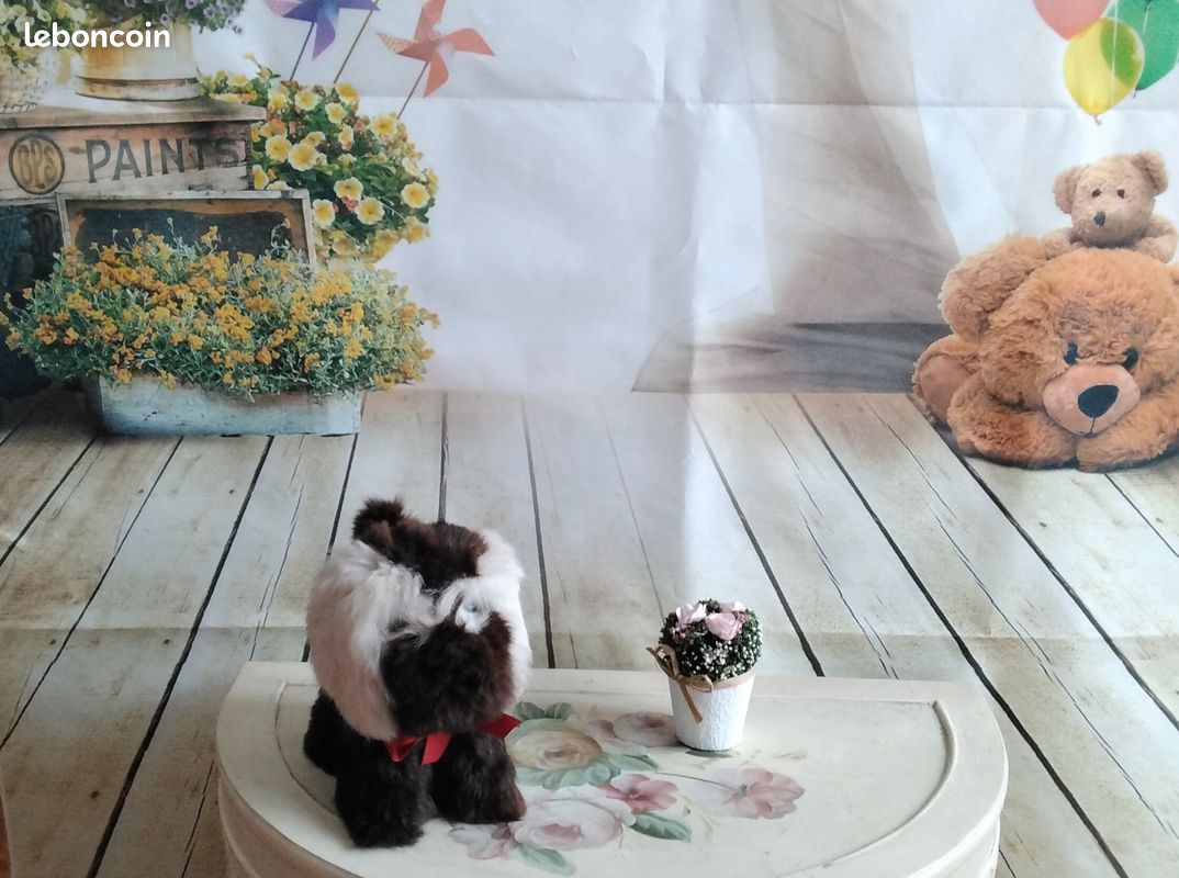 Jouet ancien chien en fausse fourrure marron et blanc (image 3)