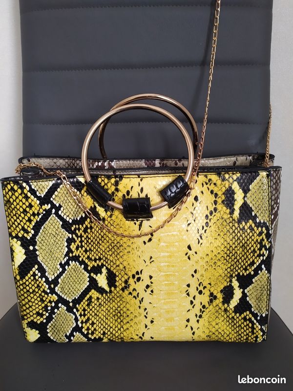 Sac à Main Pochette Galeries Lafayette Motif Serpent - Vert, Anse Jaune Métal - Parfait état