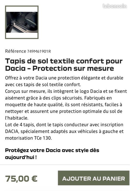 Tapis de sol d’origine marque Dacia pour Duster 3 modèle 2024/2026 (image 2)