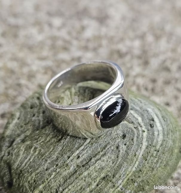 Bague En Argent Massif Sterling Avec Onyx - Bijou Vintage Occasion