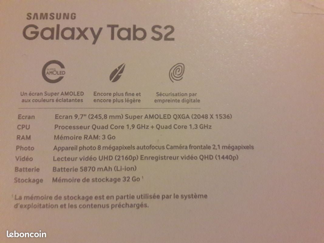 Tablette Galaxy Tab S2 Blanche 9,7" Wi-Fi - SM-T810 32GO neuve + Etui (image 1)