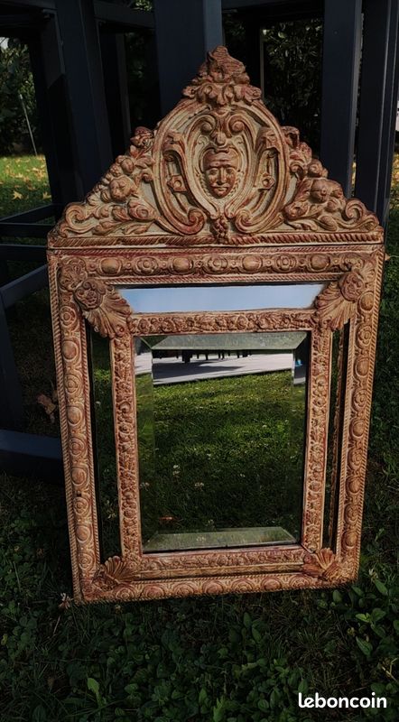 Miroir Biseauté à Parecloses style Napoléon III, à 5 glaces, XIXème. En laiton repoussé sur support en bois. Stylé Victorien/Baroque, Rocici, Shabby-chic - Dim 55 x 32,5 cm (image 11)