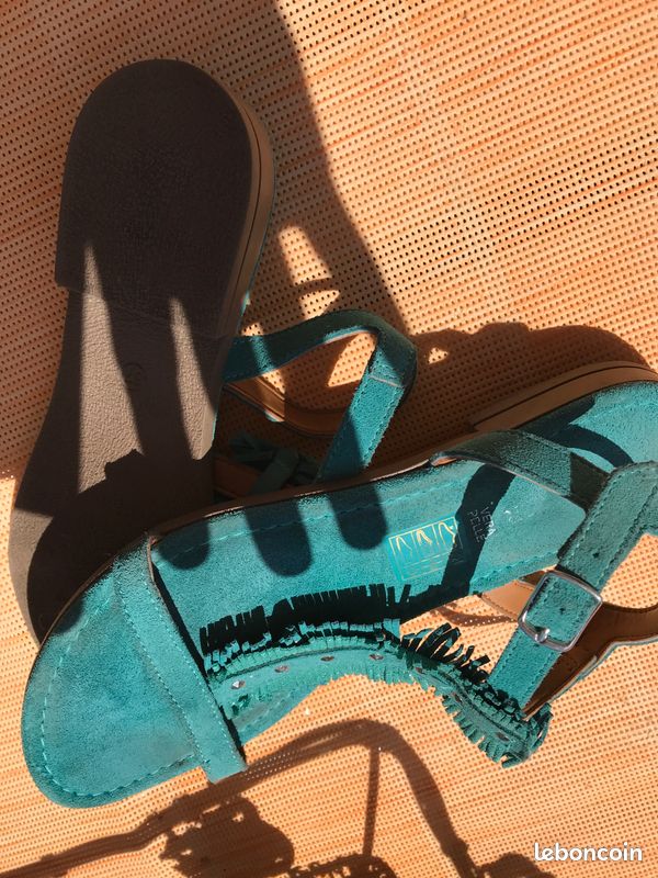 Sandales plates cuir dain turquoise T37 (image 5)