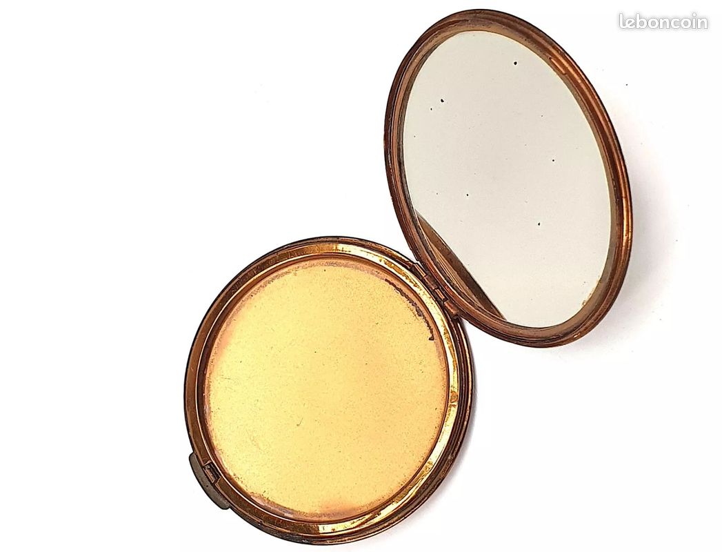 Miroir De Poche Ancien En Bronze Et Tissu Brodé - Années 1930-1950 - Motif Fleurs - Neuf