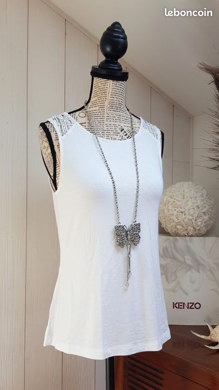 Top débardeur blanc fluide avec empiècement dentelle / macramé (image 9)