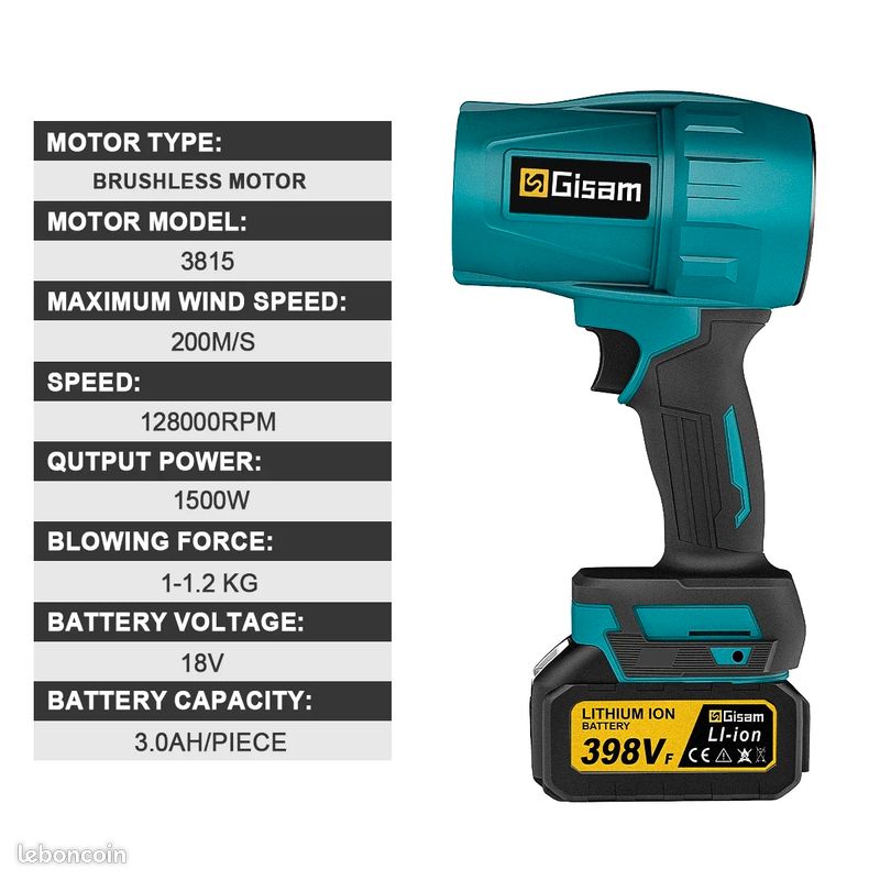 Souffleur Turbo Jet Fan Gisam Neuf - 200 m/s - 1500W - 2 Batteries (image 6)
