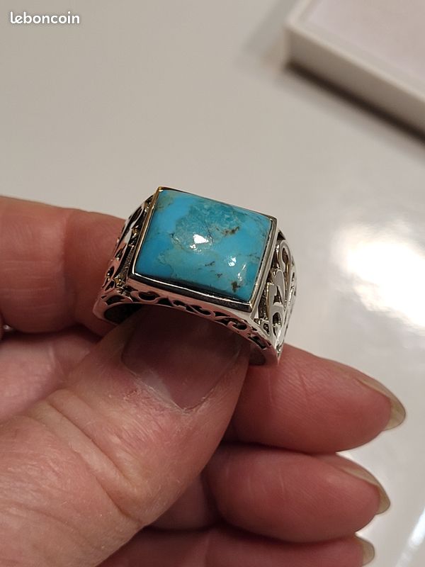 Bague Chevalière Ancienne En Bronze - Perle Turquoise - Taille 54 - Vintage - Occasion Parfaite