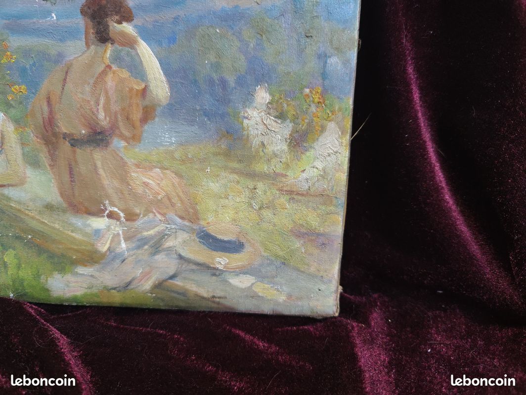 Petit Tableau Ancien Peinture Huile HST Ecole de Barbizon Paysage Campagne Scene de Genre Elegante Art Nouveau Belle Epoque Annee Folle Esquisse Pochade Chevre Chien Animal Animaux XIX 19 XX 20 (image 6)