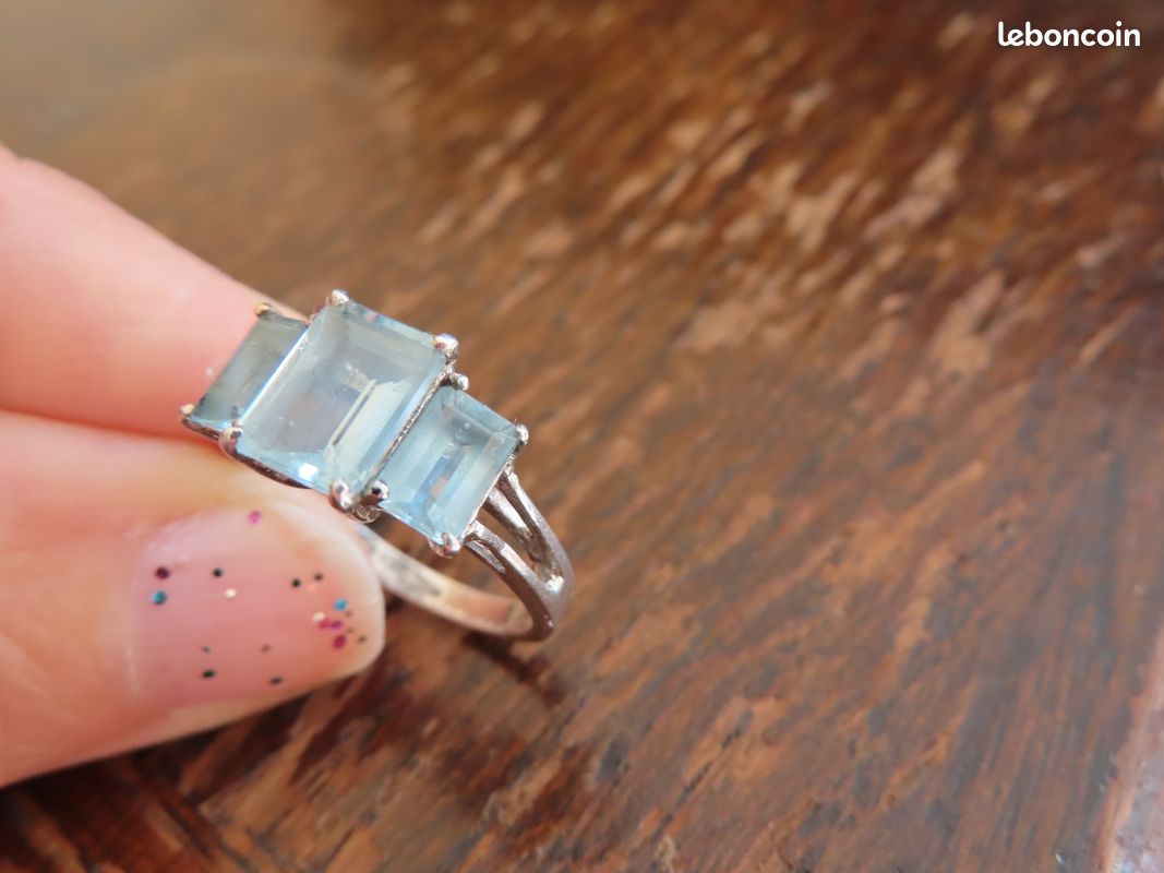 Bague Vintage Taille 60 - Cristal Aigue-marine Sur Métal Argenté - État Impeccable - Occasion