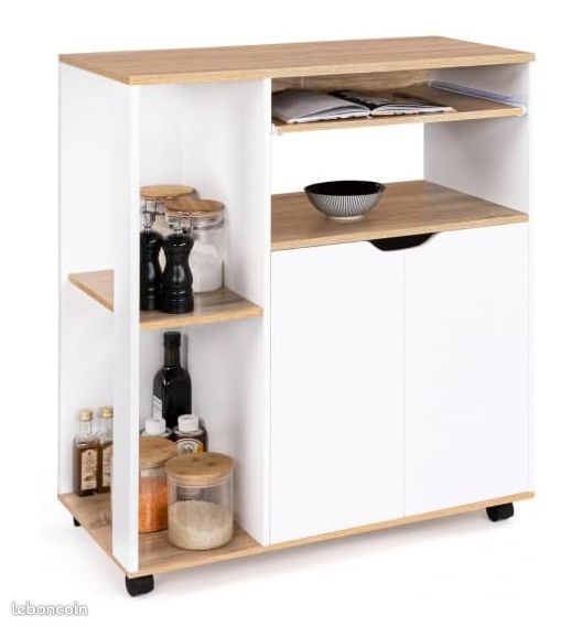 Desserte de Cuisine Mobile â Plan de Travail & Tablette Coulissante â Blanc et Bois façon HĂȘtre â L. 76 cm â Nombreux Rangements (image 1)