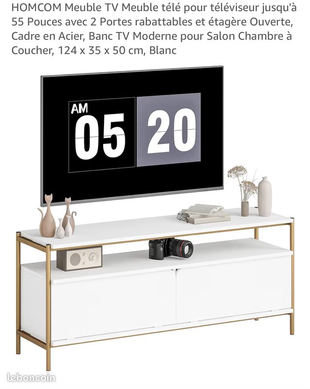 HOMCOM Meuble TV Meuble télé pour téléviseur jusqu'à 55 Pouces avec 2 Portes rabattables et étagère Ouverte, Cadre en Acier, Banc TV Moderne pour Salon Chambre à Coucher, 124 x 35 x 50 cm, Blanc (image 1)