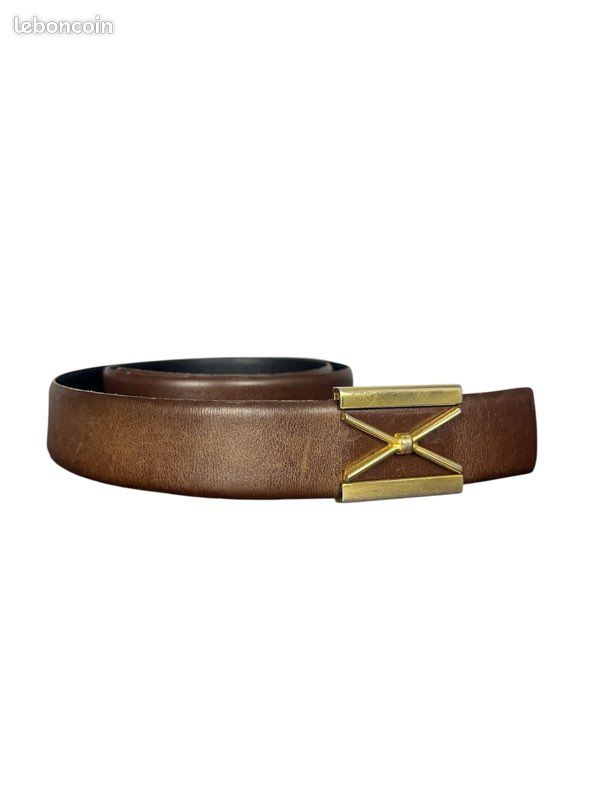 Ceinture Femme En Cuir Marron - Buckle Croix Et Clous Laiton, Strass Citron - Taille XL, Neuf