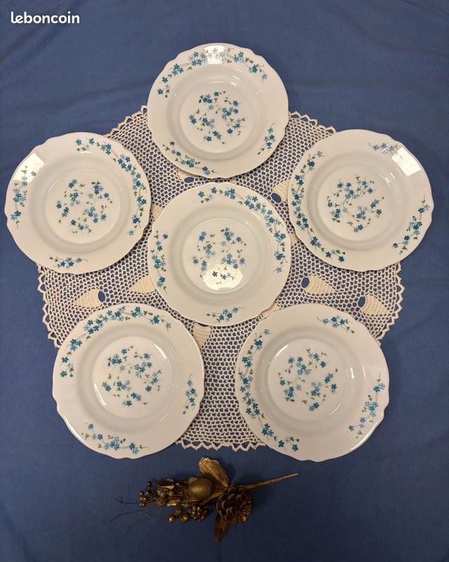 Lot De 6 Assiettes Creuses Arcopal Vintage - Motif Myosotis Veronica, Diamètre 22,5 Cm - Neuf