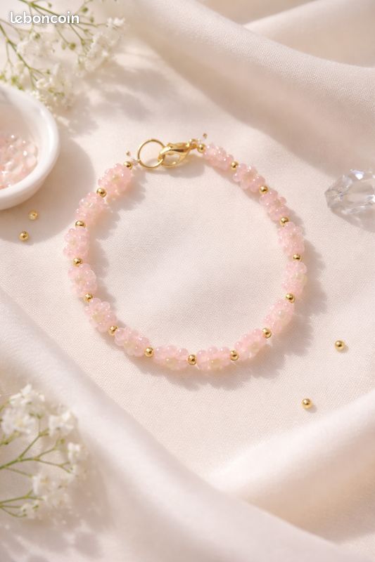 Bracelet Rétro Perles Doré Strass Rose - Motif Fleur émail Relief - Occasion - Couleur Dominante Noir
