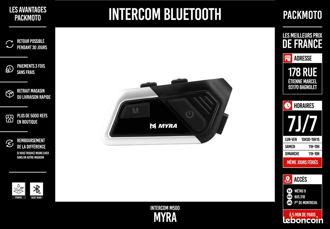 Kit Bluetooth Intercom - MYRA M500 - Neuf - Facture à votre nom (image 2)
