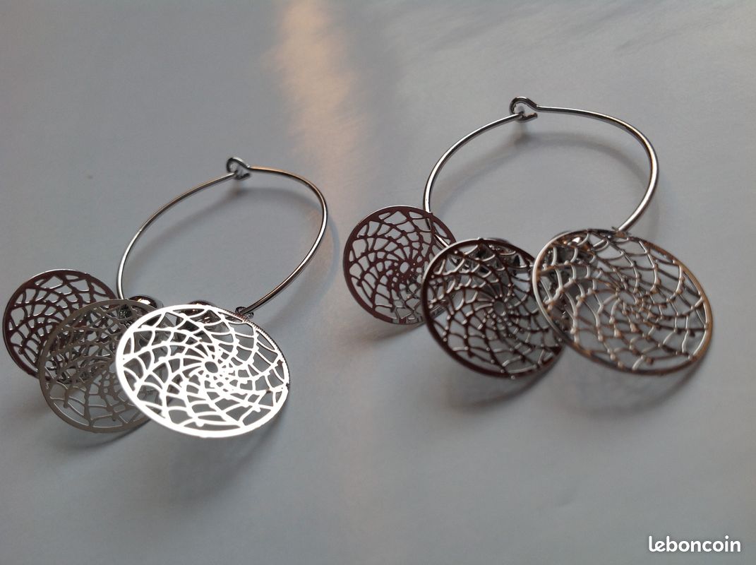 BOUCLES OREILLES MÉTAL ARGENTÉ TOILE ARAIGNÉE PIÈGE à RÊVES Envoi Possible (image 1)