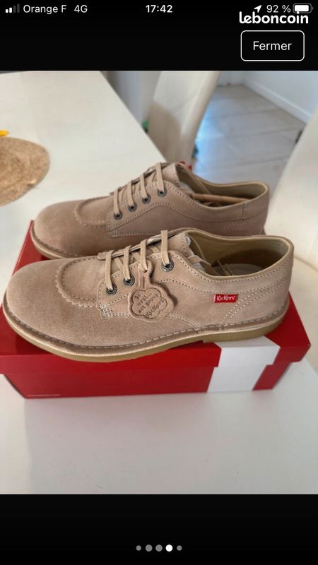 Baskets Kickers Tennis Toile Beige Façon Lin - Pointure 37 - Semelle Intérieure Cuir - Occasion Très Bon état