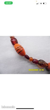 Sautoir En Perles De Verre Anciennes Orange Et Gris Foncé - Longueur 100 Cm - Occasion TBE