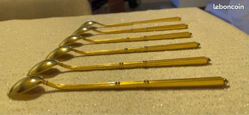 Lot De 10 Cuillères à Cocktail / Moka Dorées - Manche Grain De Café - Vintage - France