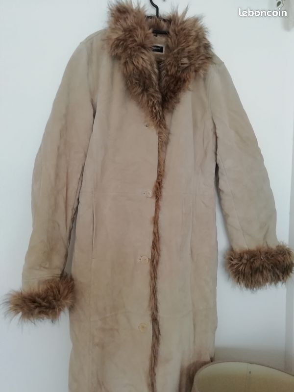 Manteau cuir et fourrure beige (image 1)
