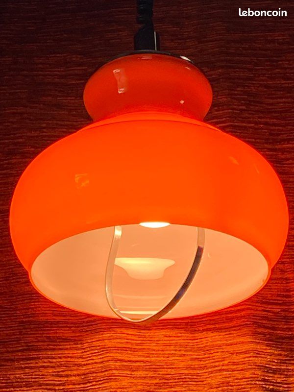 Suspension Lustre Ancien – Opaline Peinte Paysage – Monte Et Baisse – Vintage