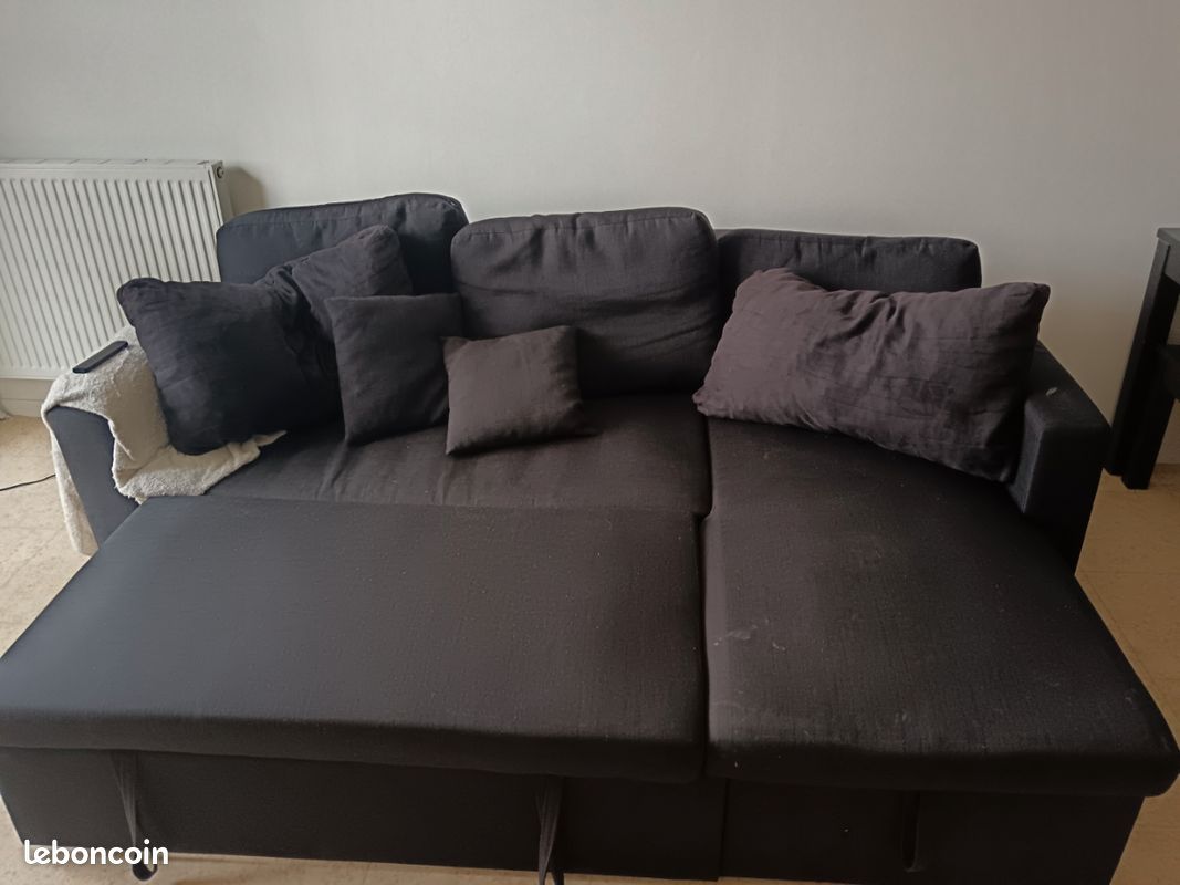 Ida - Canapé d'angle convertible 3 places en tissu noir avec coffr (image 3)