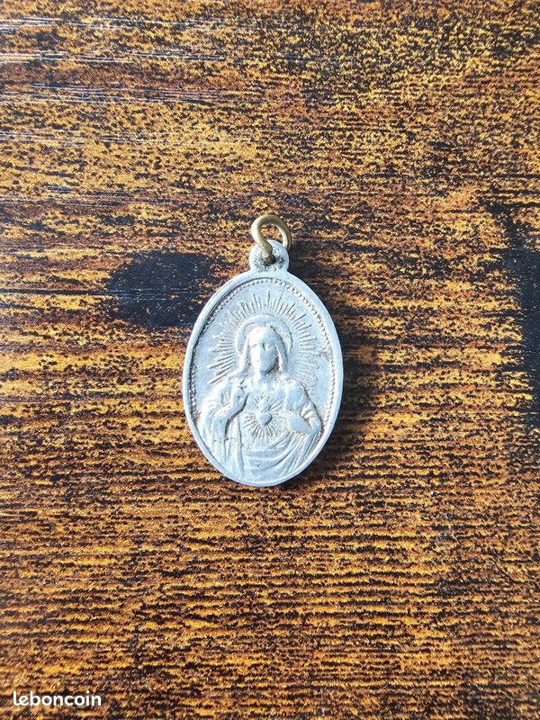 Pendentif Ancien Médaillon Religieux - Métal Argenté - Vierge Et Jésus - Vintage