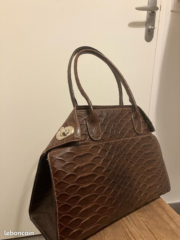 Sac à Main Vintage En Lézard Des Années 1950-60 - Formes Arrondies, Noir, Occasion Très Bon état
