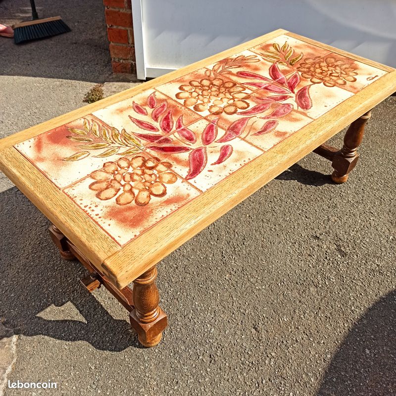 Table basse bout de canapé vintage plateau céramique fleuri signée (image 1)