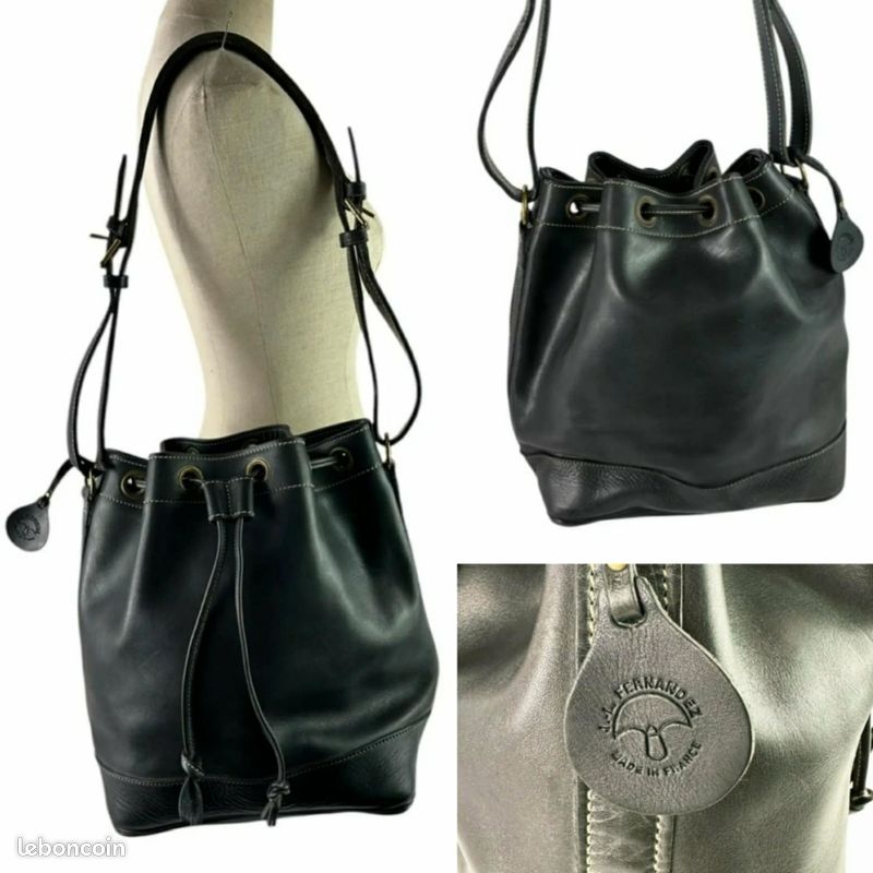 Sac à bandoulière seau en cuir noir vintage 1980's Jean Louis Fernandez (image 3)