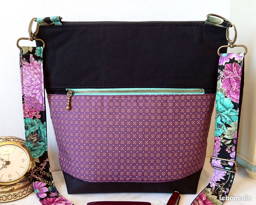 Sac à main tissu coton floral japonais, rose, turquoise, noir, triple ouverture, sangle ajustable (image 7)