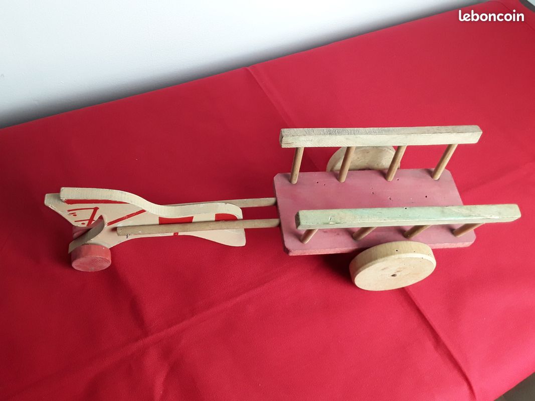 Ancien Jouet En Bois – 2 Chevaux Tirant Une Charrette – Marque BABYJOU – Clairbois