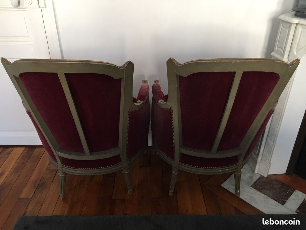 Paire fauteuils anciens patinés dorés 2 bergères Louis XVI tissu velours laine bordeaux Lelièvre (image 5)