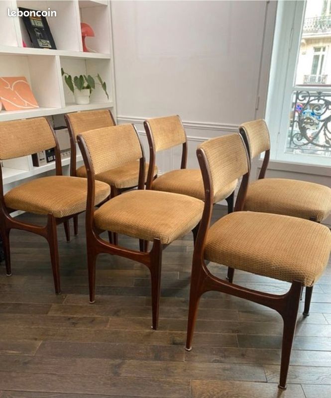 Suite de 6 chaises scandinaves en teck & velours sable dans le goût d’Erik Buch - Vintage des années 60’s (image 7)