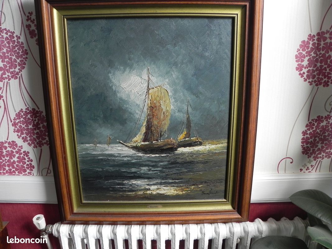 Beau tableau HST marine, bateaux signé Belfort (image 1)