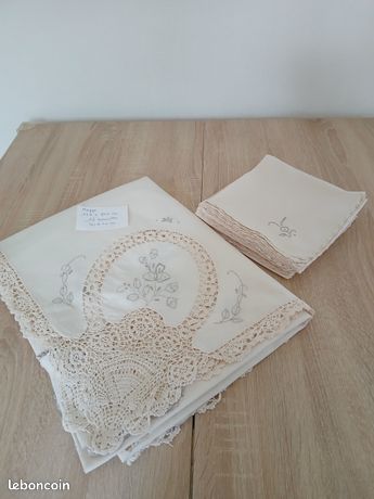 Set grande nappe coton Basque et 12 serviettes Art Deco c1930