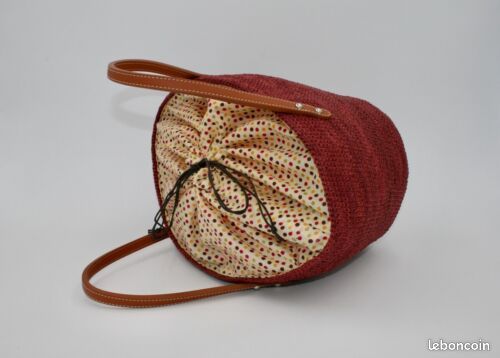 Sac bordeaux en raphia SOL'EOLE neuf doublure en tissu, fermeture cordons de serrage (image 5)