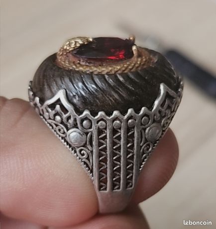 Bague Chevalière Homme Argent Massif 925, Serti Zircon Rouge - Taille 60 à 69, Neuve