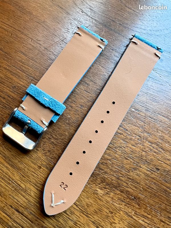 Bracelet De Montre Cuir/tissu 13 Mm – Bleu Jean Clair – Boucle Dorée – Neuf