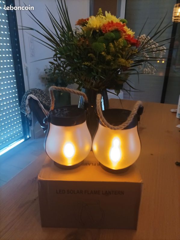 Lot de 2 lanternes solaires LED effet flamme – Neuves – Rechargeables USB + solaire (image 1)