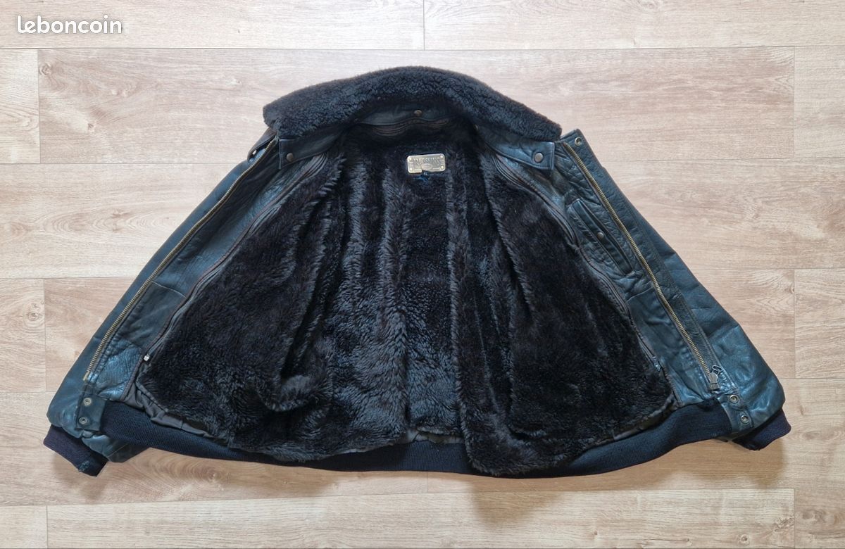 Blouson aviateur cuir noir avec doublures fourrées vintage Redskins - XL (image 3)