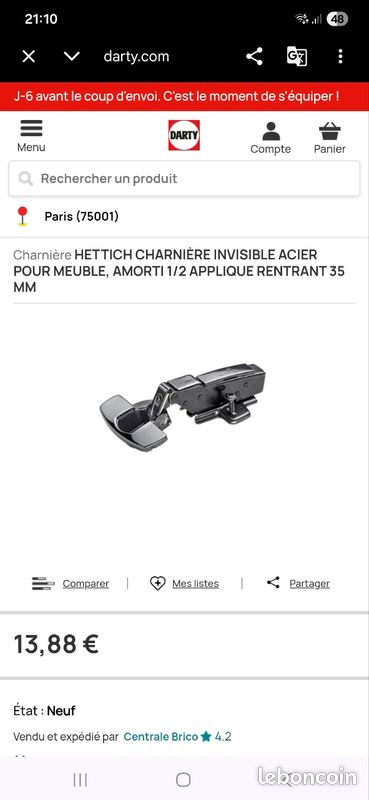 Lot 8 Charnière HETTICH CHARNIÈRE INVISIBLE ACIER POUR MEUBLE, AMORTI 1/2 APPLIQUE RENTRANT 35 MM (image 2)