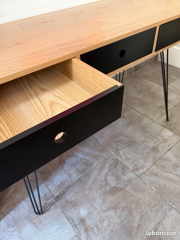 Bureau 3 tiroirs “Biface” – noir/bois – excellent état (image 4)