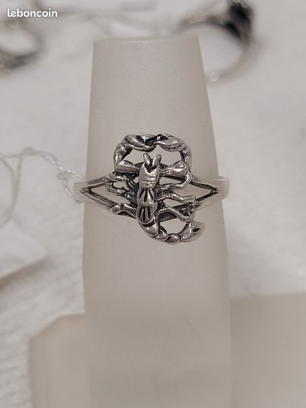 Bague Chevalière Argent Massif 925 - Taille 57/58 - Décor Scorpion Et Nacre - Occasion