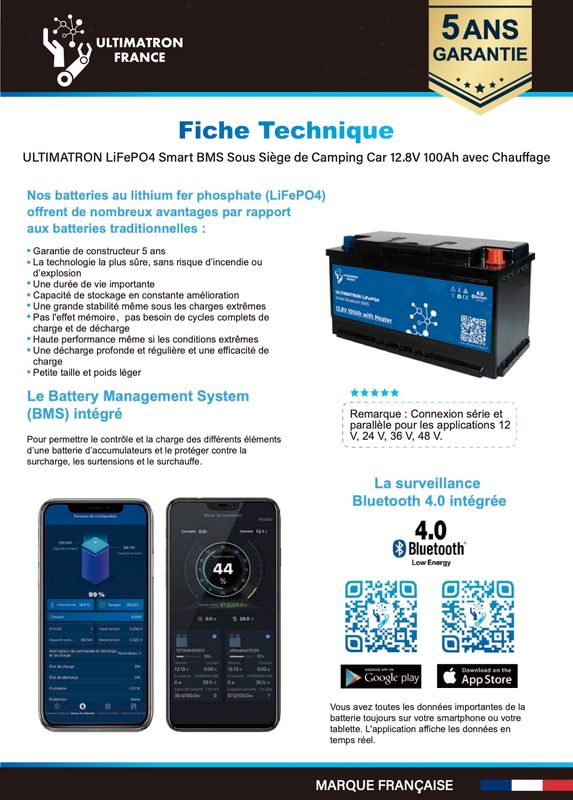 Batterie lithium 100Ah SOUS-SIEGE ULTIMATRON LifePo4 BMS et