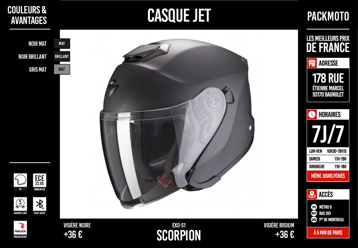 Casque Moto Jet - SCORPION Exo S1 - NEUF + GARANTIE 5 ANS - Équipement moto