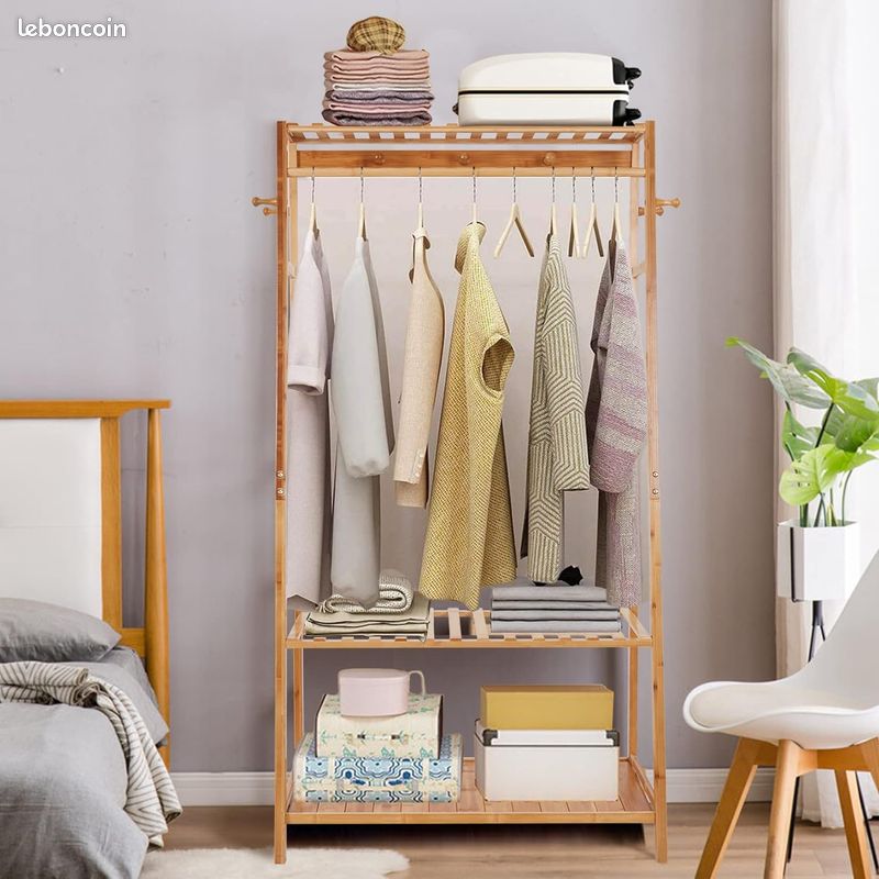 Portant à Vêtements Bambou Avec Étagères - Pliable Porte-Manteau Naturel