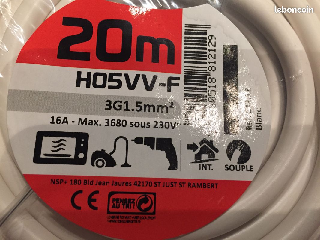 Bobine 20 m câble souple 3x1,5 mm2 blanc H05VV-F (image 2)
